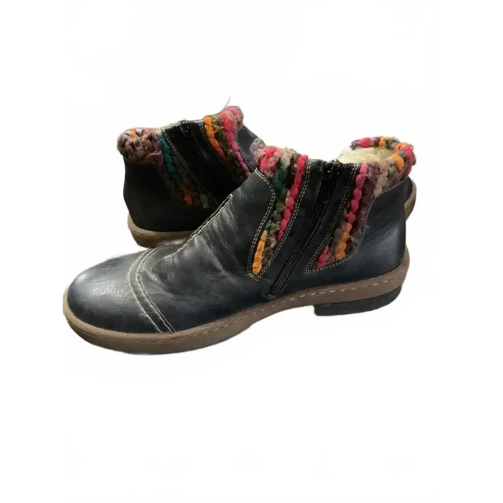 Reiker Navy Blue Ankle Boots with Colorful Knit Trim Size 40 (9.5)